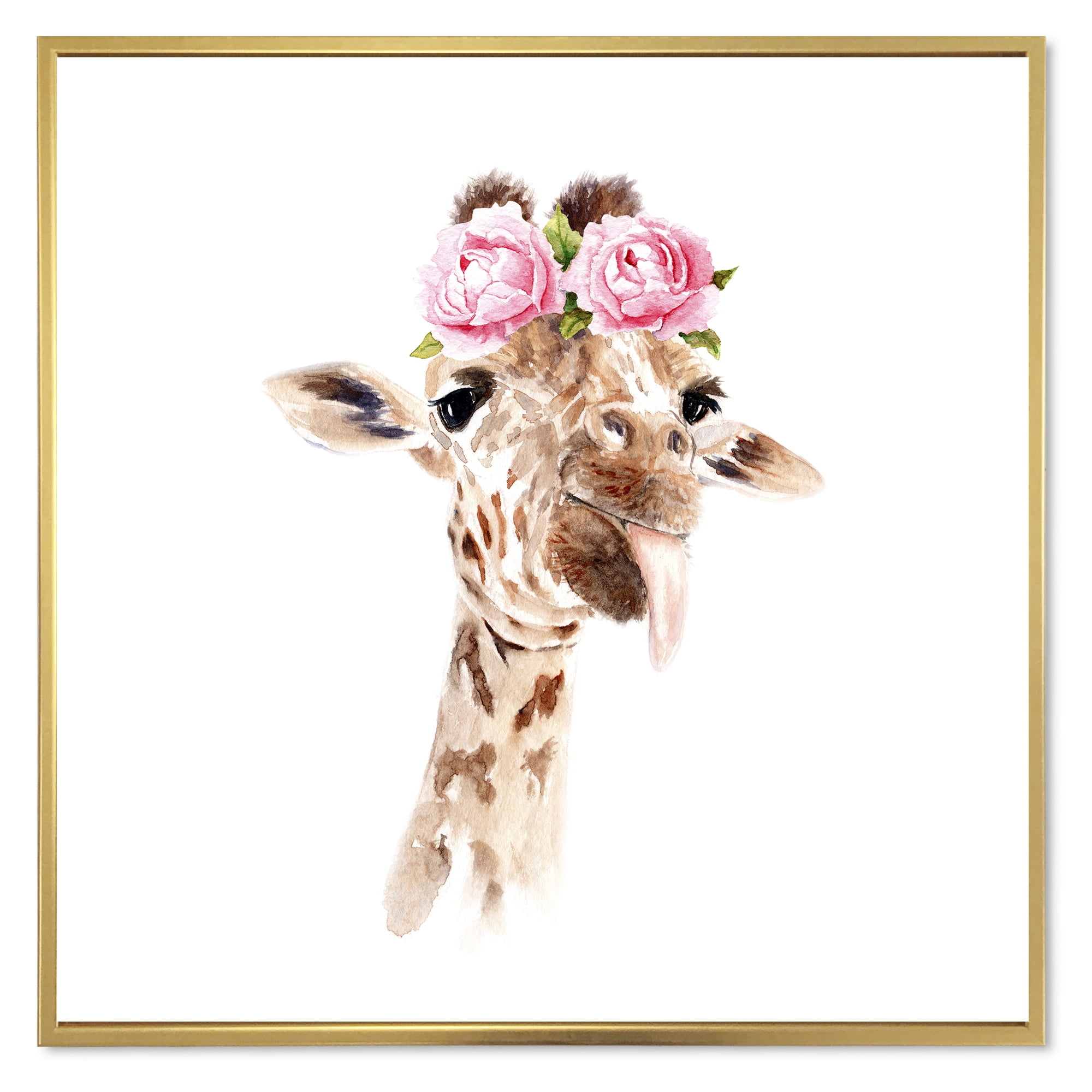 Designart 'Portrait of A Giraffe With Pink Flowers' Farmhouse Framed Canvas Wall Art Print