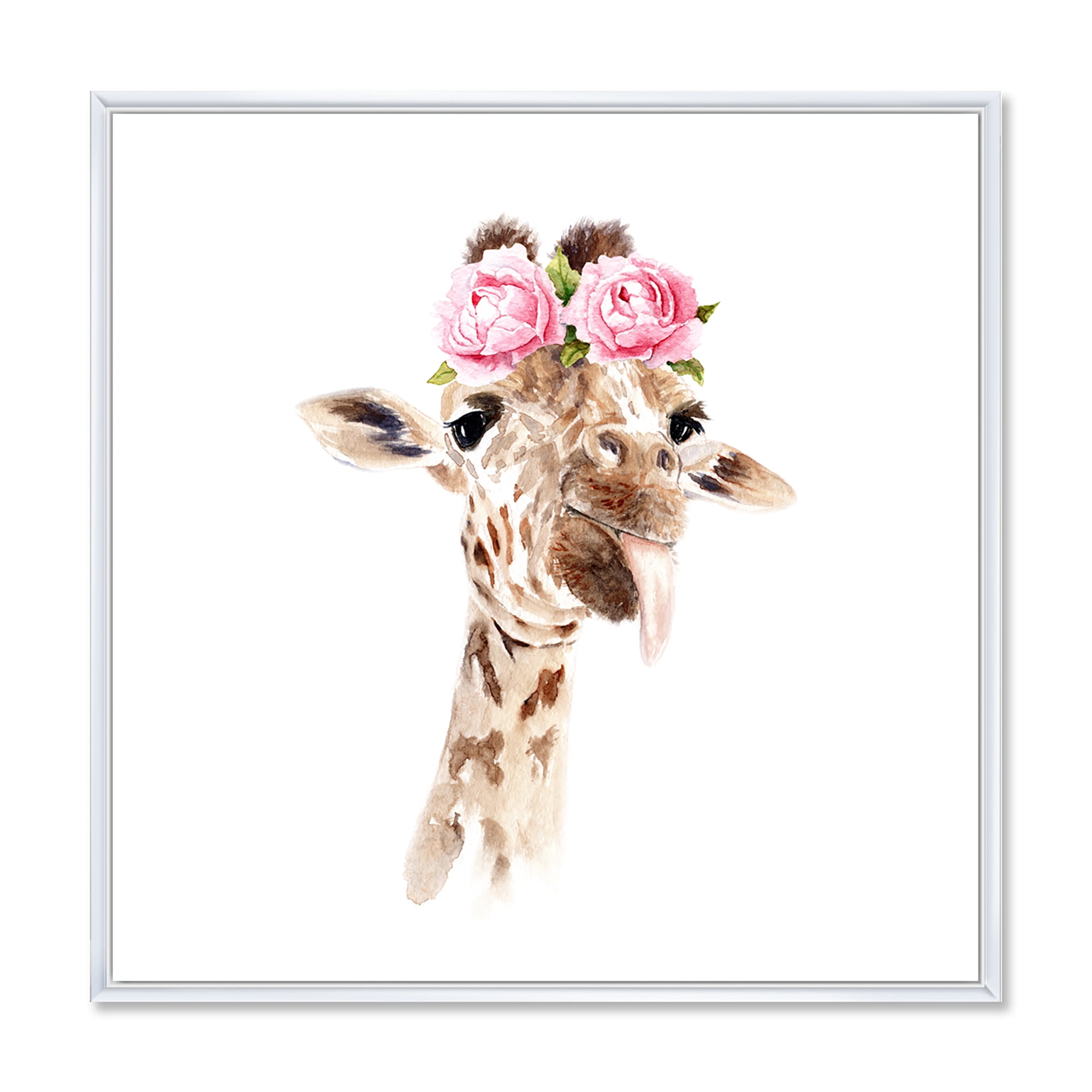 Designart 'Portrait of A Giraffe With Pink Flowers' Farmhouse Framed Canvas Wall Art Print