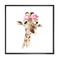 Designart 'Portrait of A Giraffe With Pink Flowers' Farmhouse Framed Canvas Wall Art Print