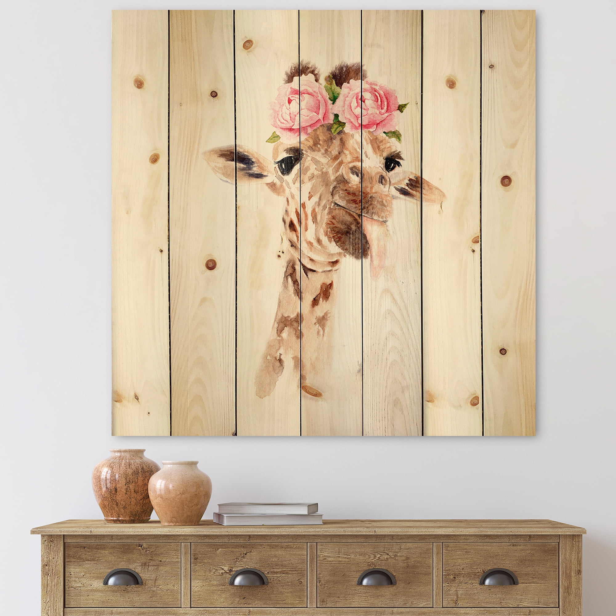 Designart 'Portrait of A Giraffe With Pink Flowers' Farmhouse Print on Natural Pine Wood