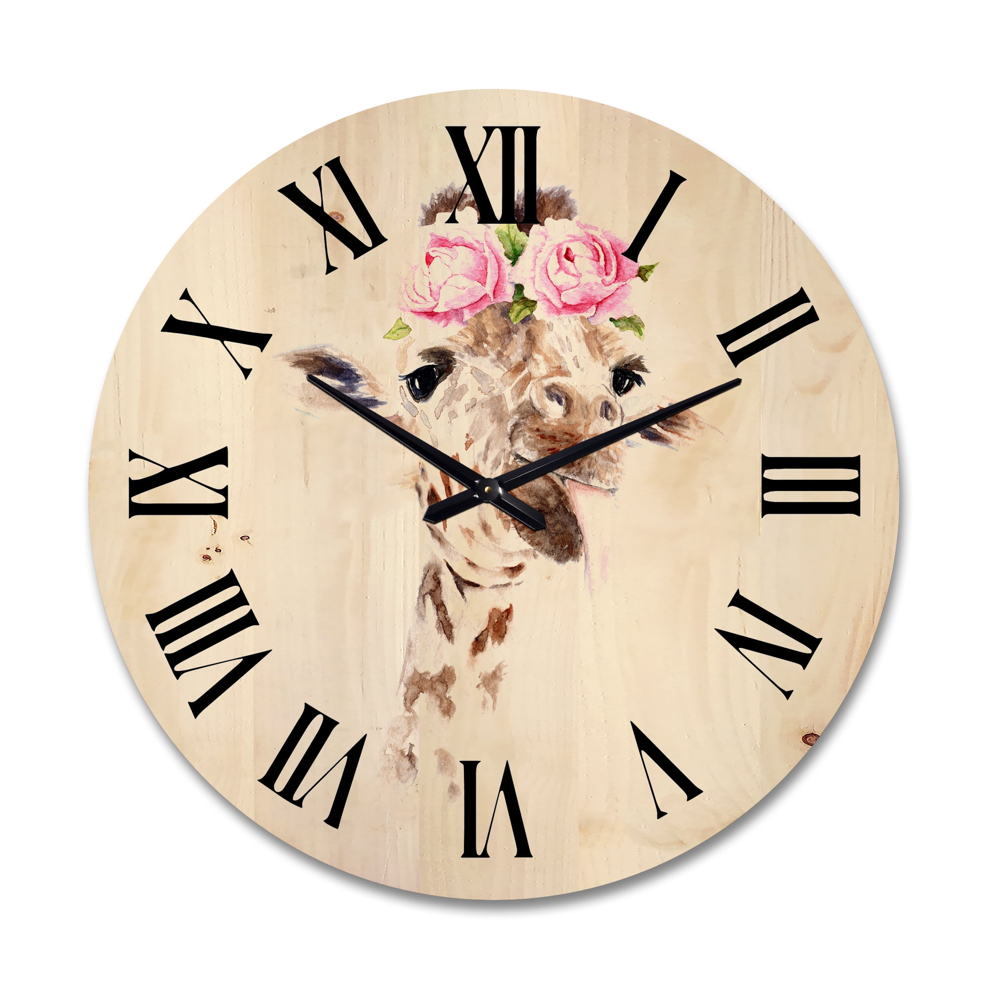 Designart 'Portrait of A Giraffe With Pink Flowers' Farmhouse Wood Wall Clock