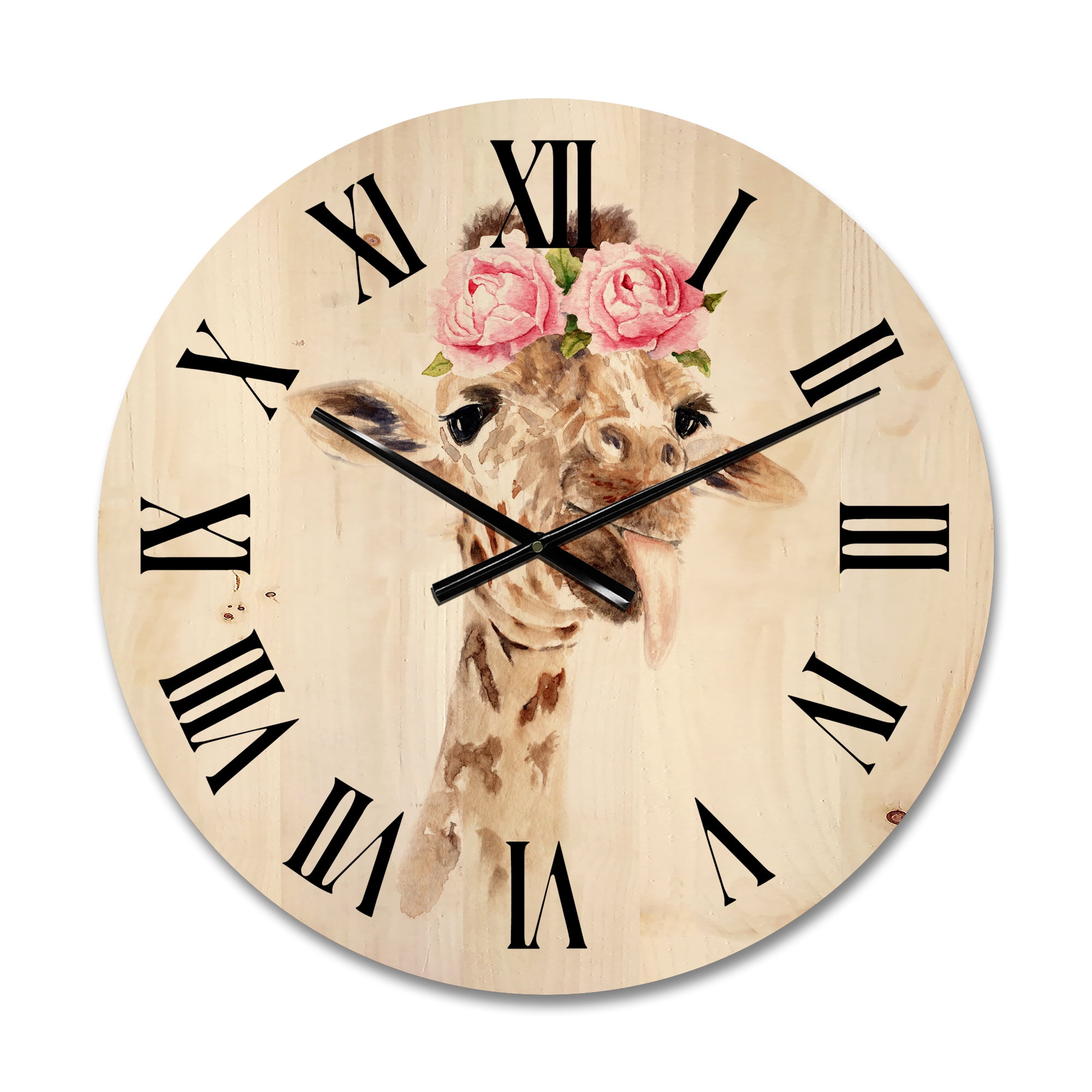 Designart 'Portrait of A Giraffe With Pink Flowers' Farmhouse Wood Wall Clock