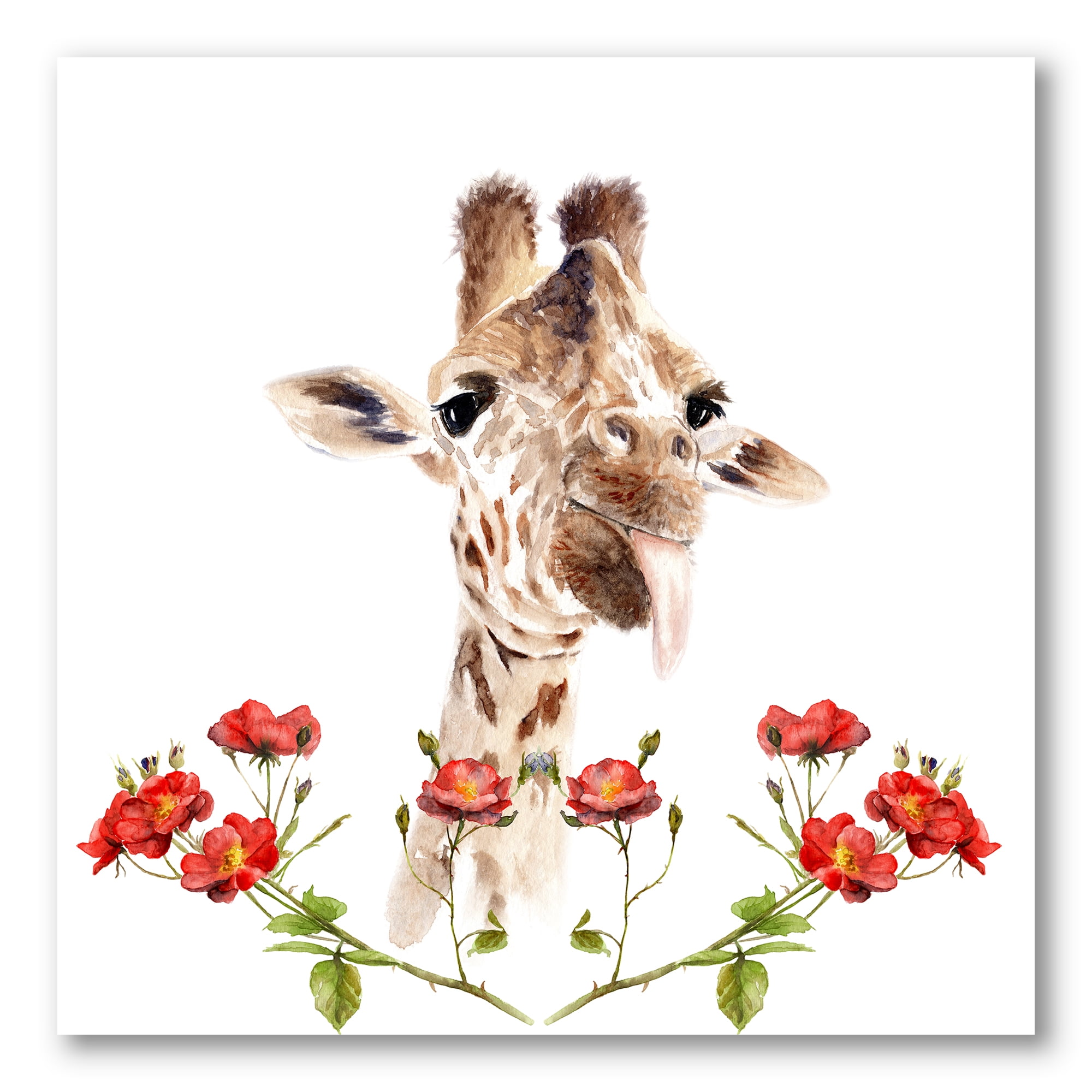 Designart ' Portrait of A Giraffe With Red Flowers I ' Farmhouse Canvas Wall Art Print