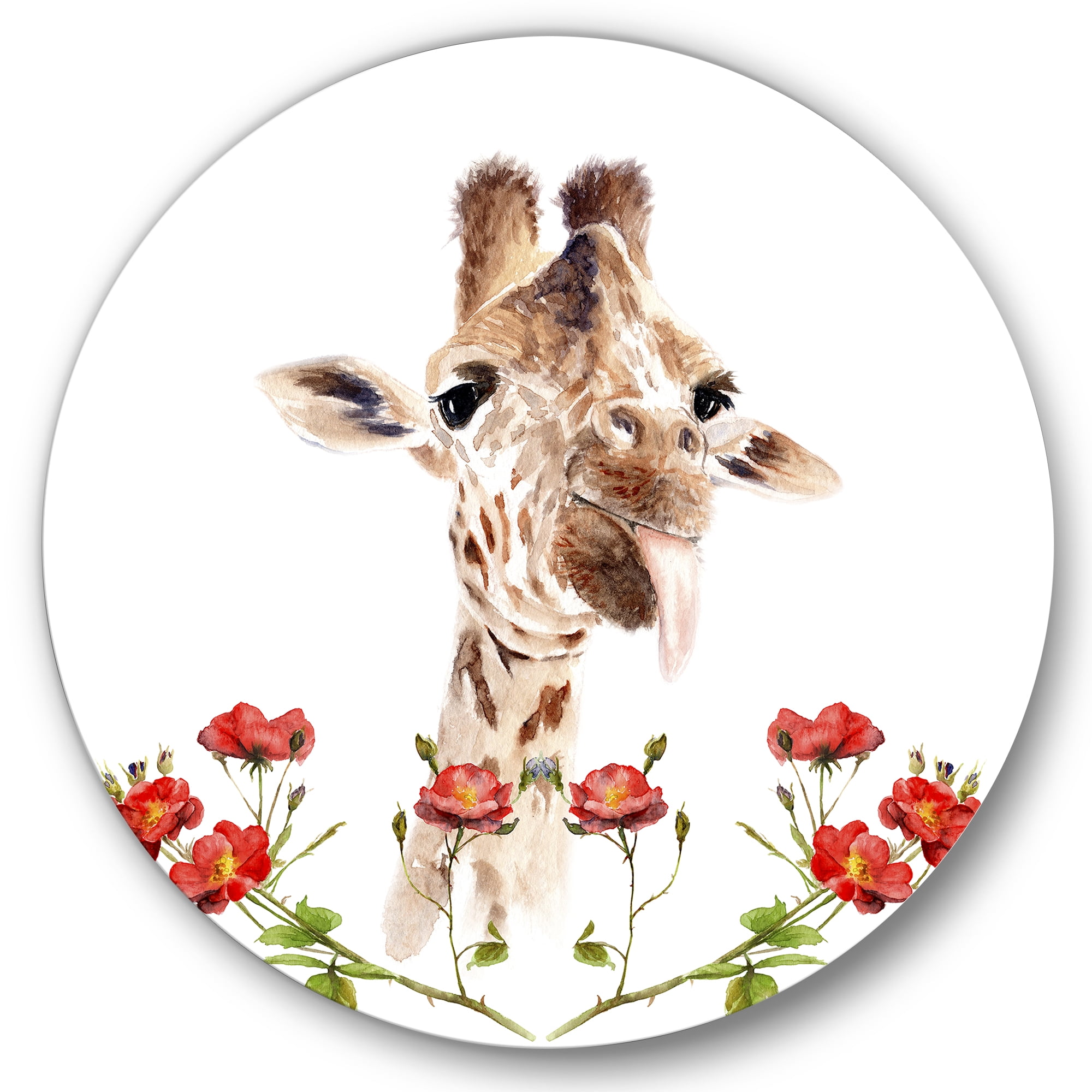 Designart 'Portrait of A Giraffe With Red Flowers I' Farmhouse Circle Metal Wall Art 29x29 - Disc of 29