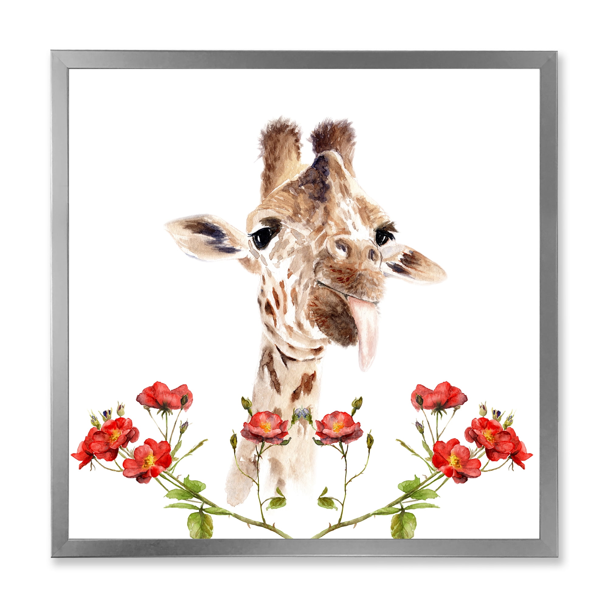 Designart 'Portrait of A Giraffe With Red Flowers I' Farmhouse Framed Art Print