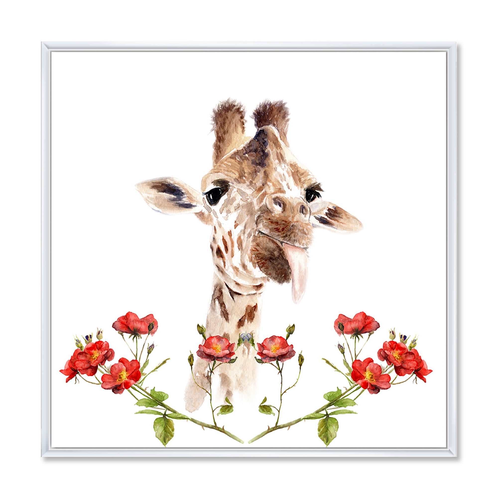 Designart 'Portrait of A Giraffe With Red Flowers I' Farmhouse Framed Canvas Wall Art Print