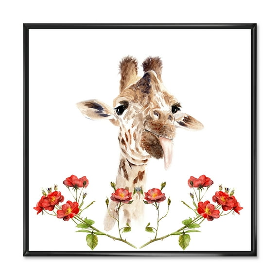 Designart 'Portrait of A Giraffe With Red Flowers I' Farmhouse Framed Canvas Wall Art Print
