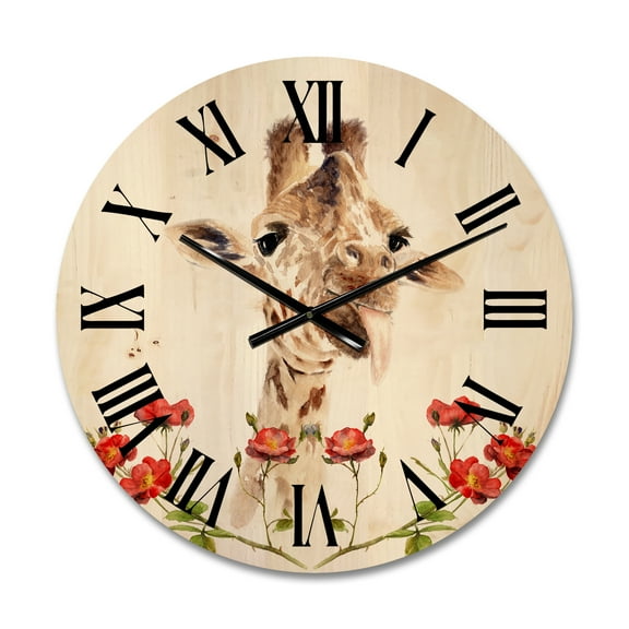 Designart 'Portrait of A Giraffe With Red Flowers I' Farmhouse Wood Wall Clock