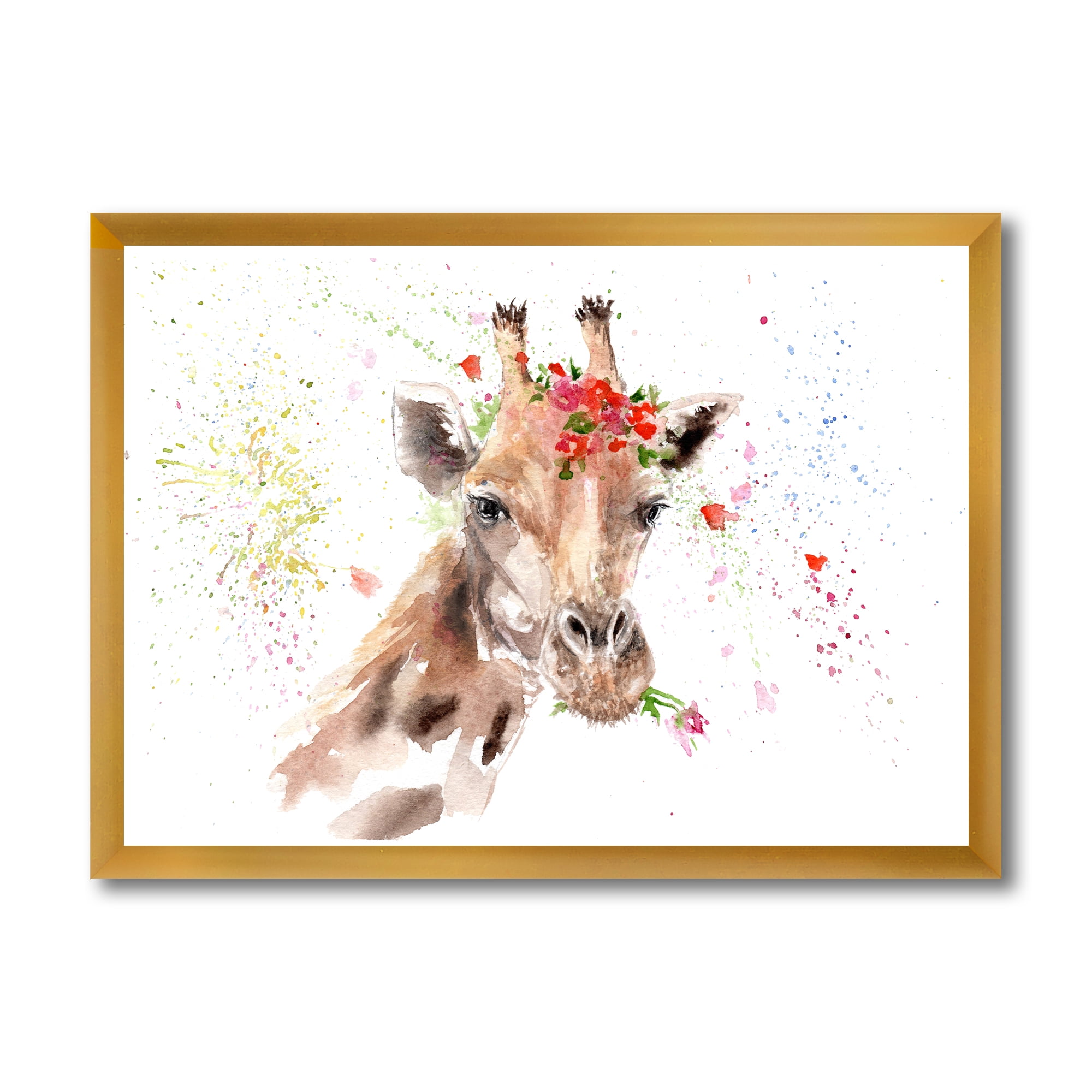 Designart 'Portrait of A Giraffe With Red Flowers II' Farmhouse Framed Art Print