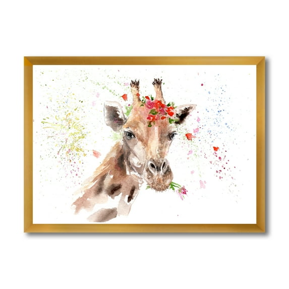Designart 'Portrait of A Giraffe With Red Flowers II' Farmhouse Framed Art Print