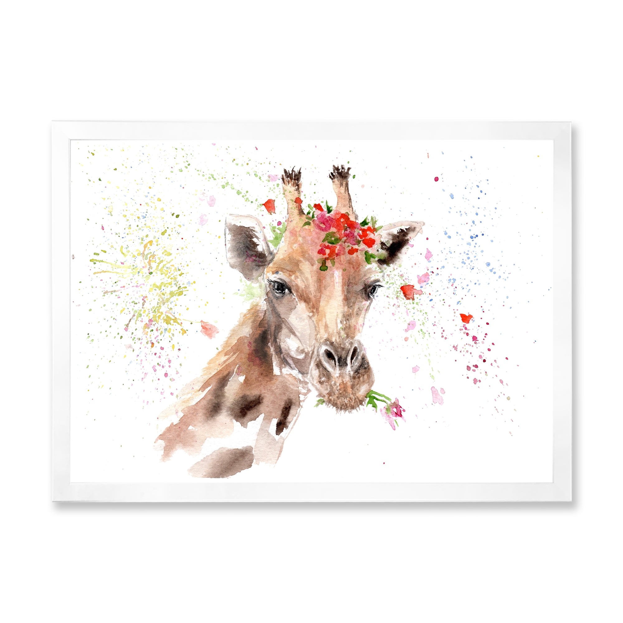 Designart 'Portrait of A Giraffe With Red Flowers II' Farmhouse Framed Art Print