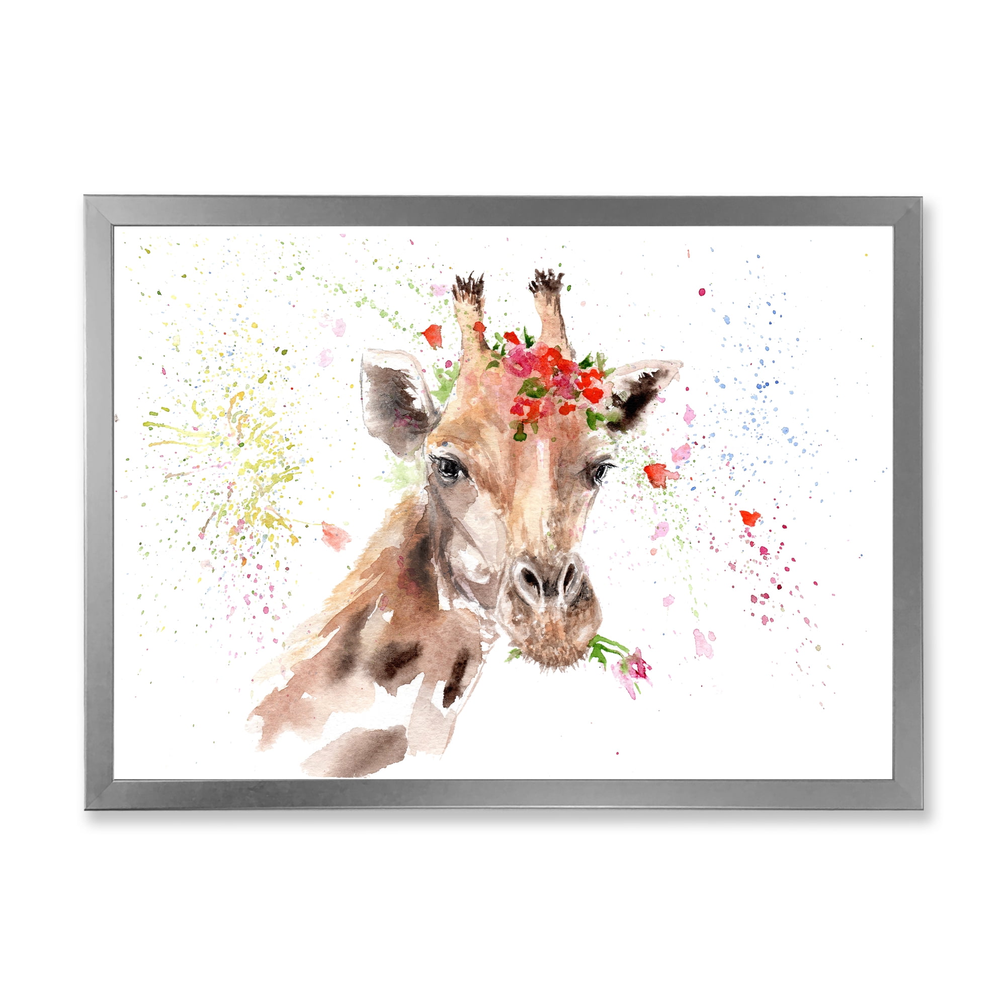 Designart 'Portrait of A Giraffe With Red Flowers II' Farmhouse Framed Art Print