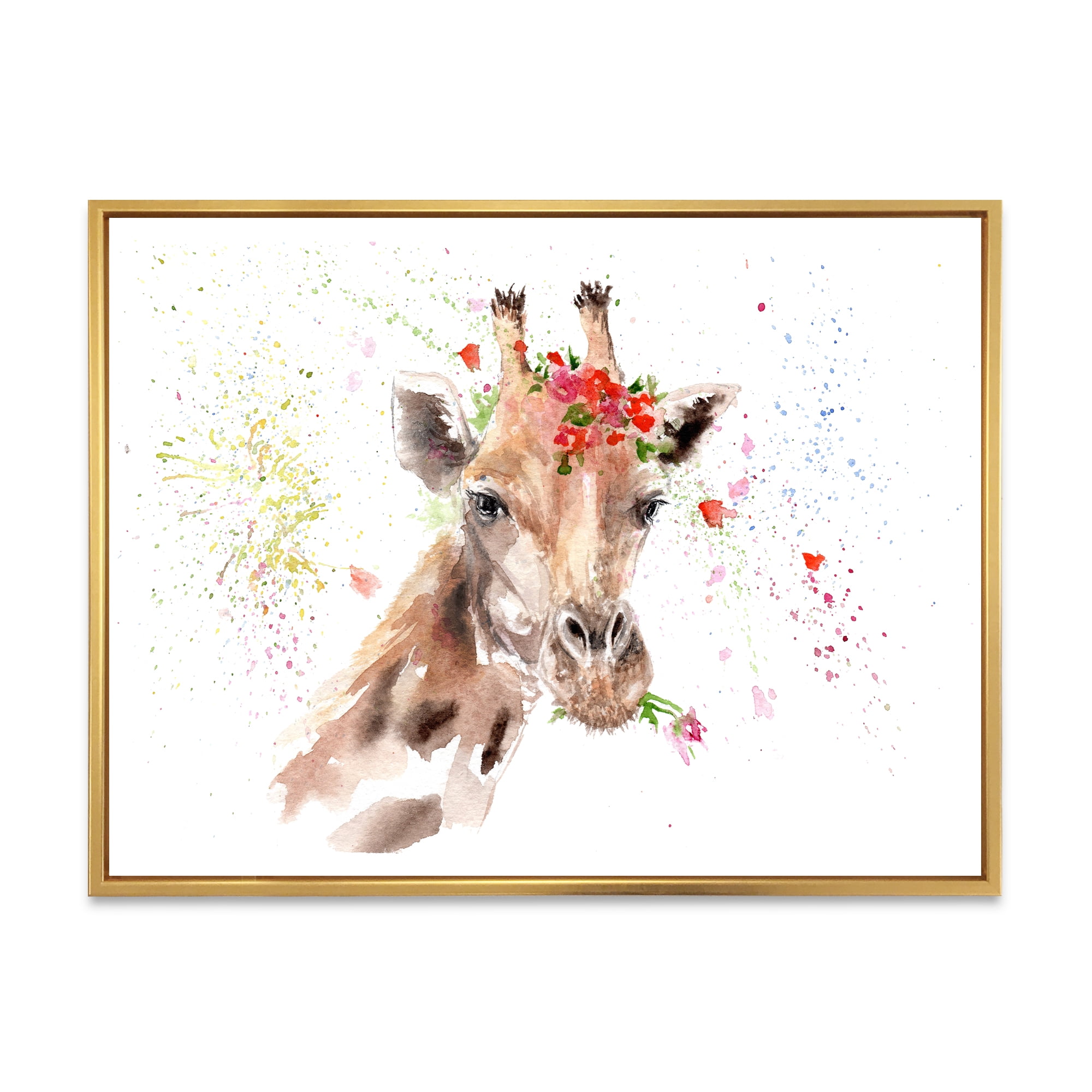 Designart 'Portrait of A Giraffe With Red Flowers II' Farmhouse Framed Canvas Wall Art Print