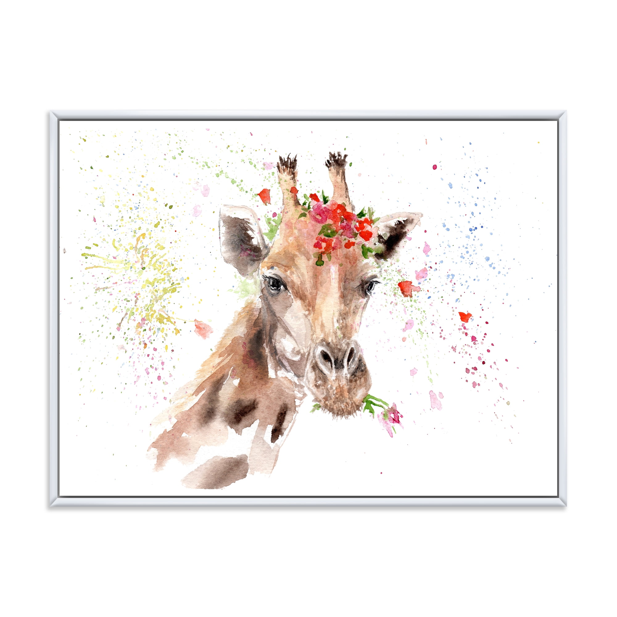 Designart 'Portrait of A Giraffe With Red Flowers II' Farmhouse Framed Canvas Wall Art Print