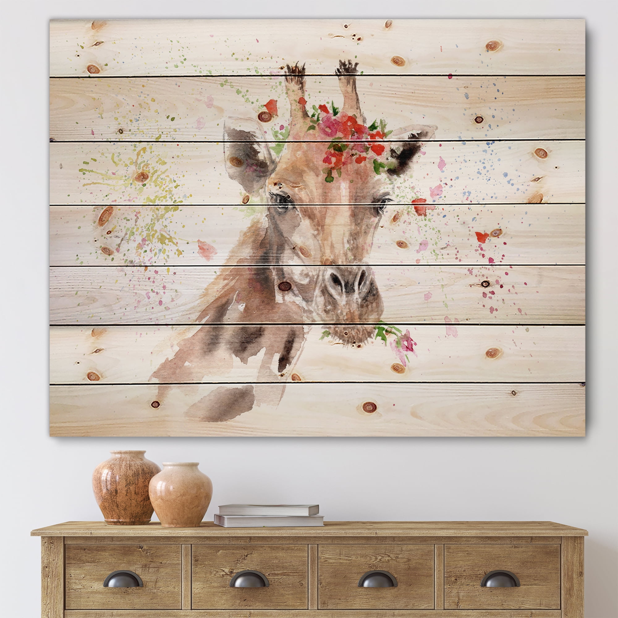 Designart 'Portrait of A Giraffe With Red Flowers II' Farmhouse Print on Natural Pine Wood