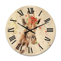 Designart 'Portrait of A Giraffe With Red Flowers II' Farmhouse Wood Wall Clock