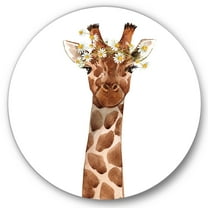 Designart 'Portrait of A Giraffe With White Flowers' Farmhouse Circle Metal Wall Art 36x36 - Disc of 36