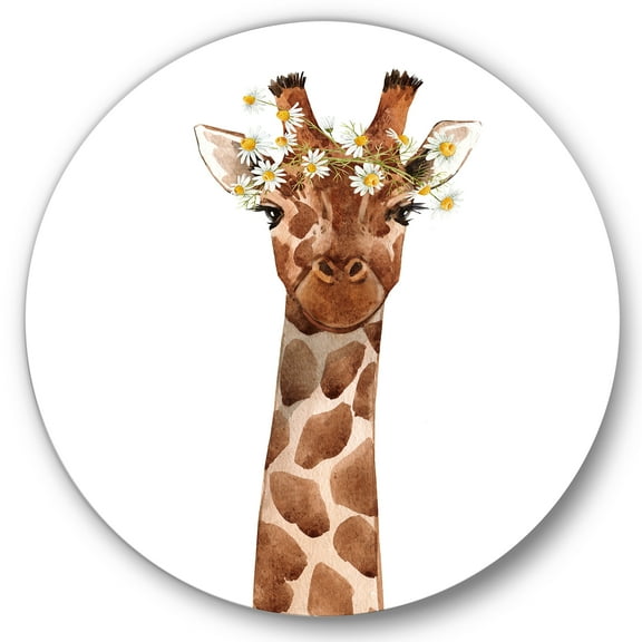 Designart 'Portrait of A Giraffe With White Flowers' Farmhouse Circle Metal Wall Art 36x36 - Disc of 36