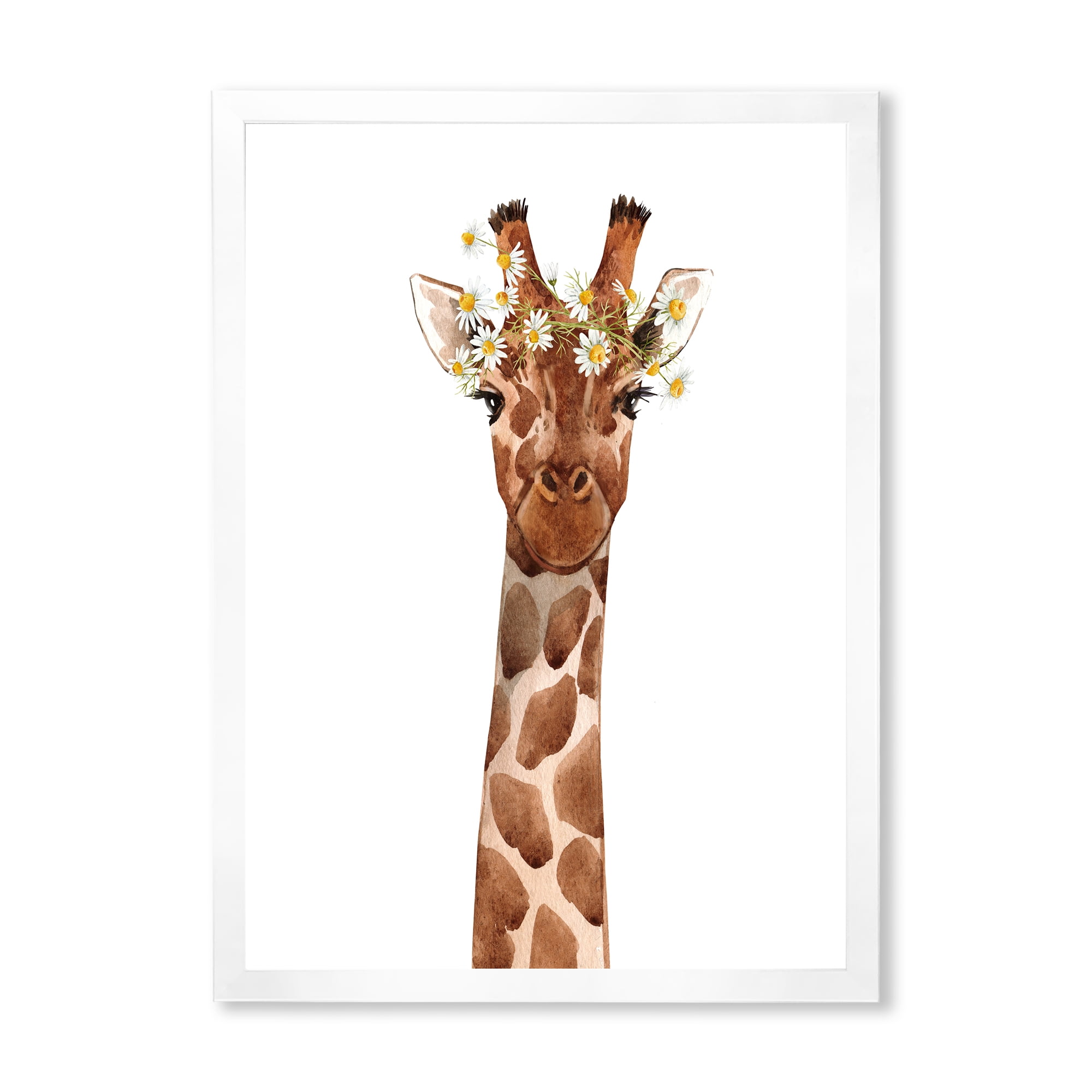 Designart 'Portrait of A Giraffe With White Flowers' Farmhouse Framed Art Print