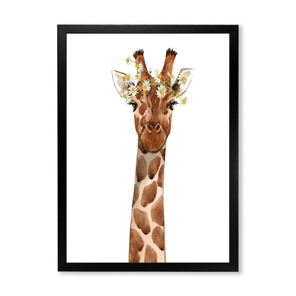 Designart 'Portrait of A Giraffe With White Flowers' Farmhouse Framed Art Print