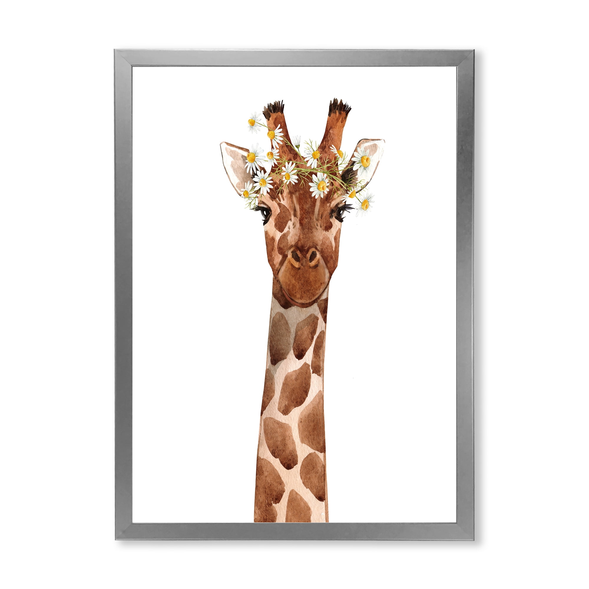 Designart 'Portrait of A Giraffe With White Flowers' Farmhouse Framed Art Print