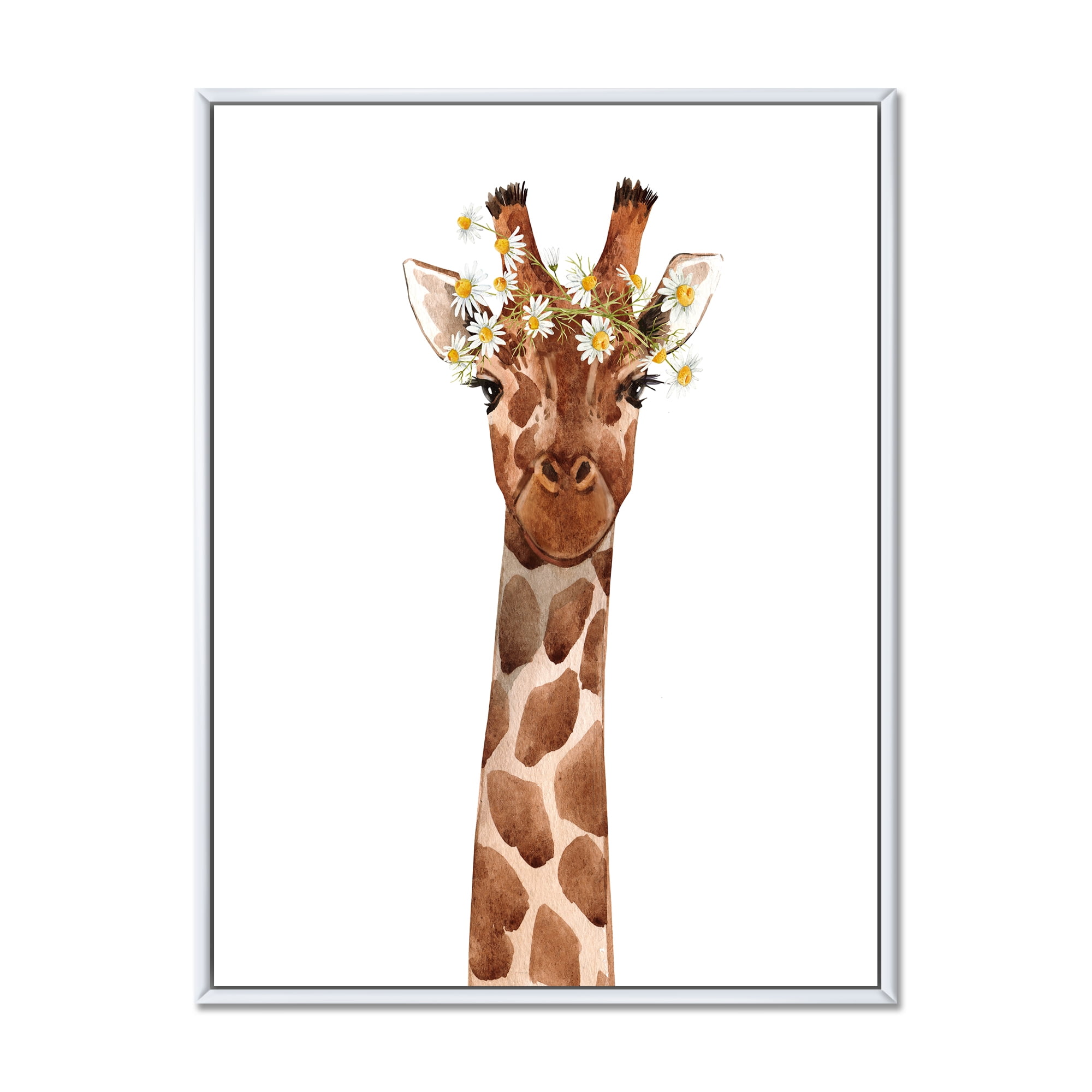Designart 'Portrait of A Giraffe With White Flowers' Farmhouse Framed Canvas Wall Art Print