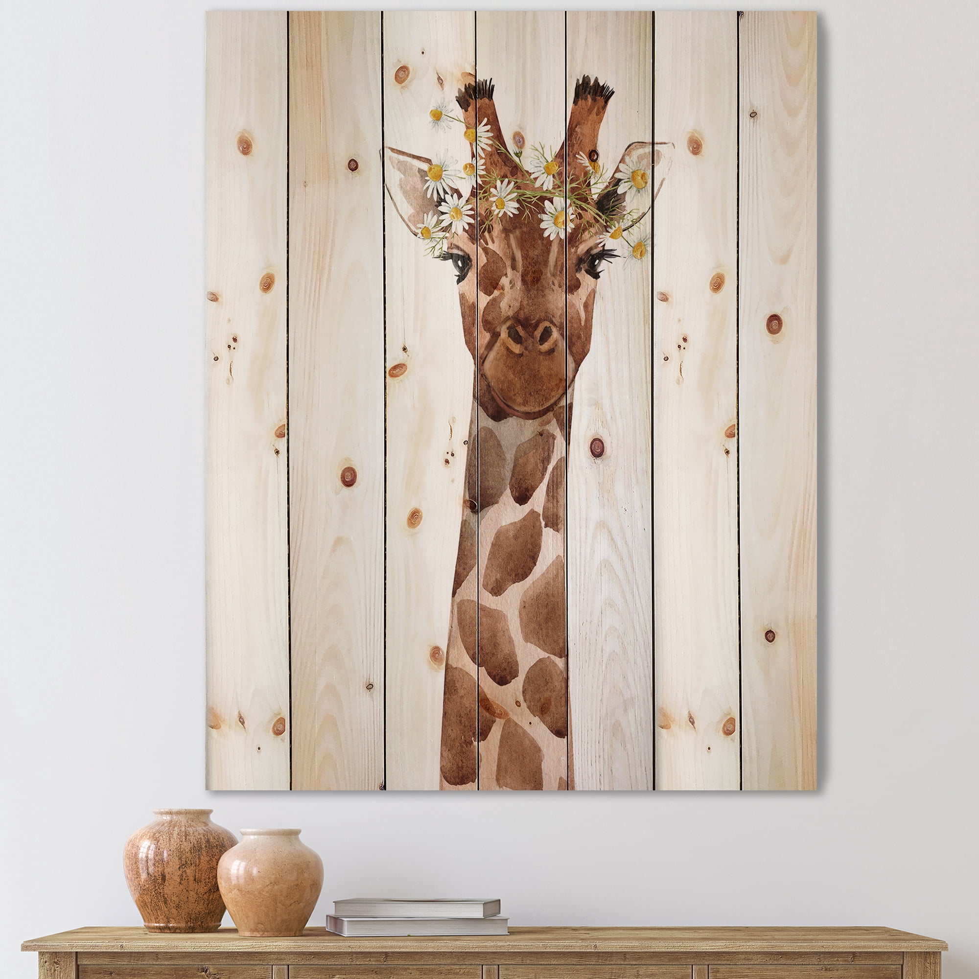 Designart 'Portrait of A Giraffe With White Flowers' Farmhouse Print on Natural Pine Wood