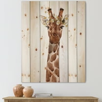 Designart 'Portrait of A Giraffe With White Flowers' Farmhouse Print on Natural Pine Wood