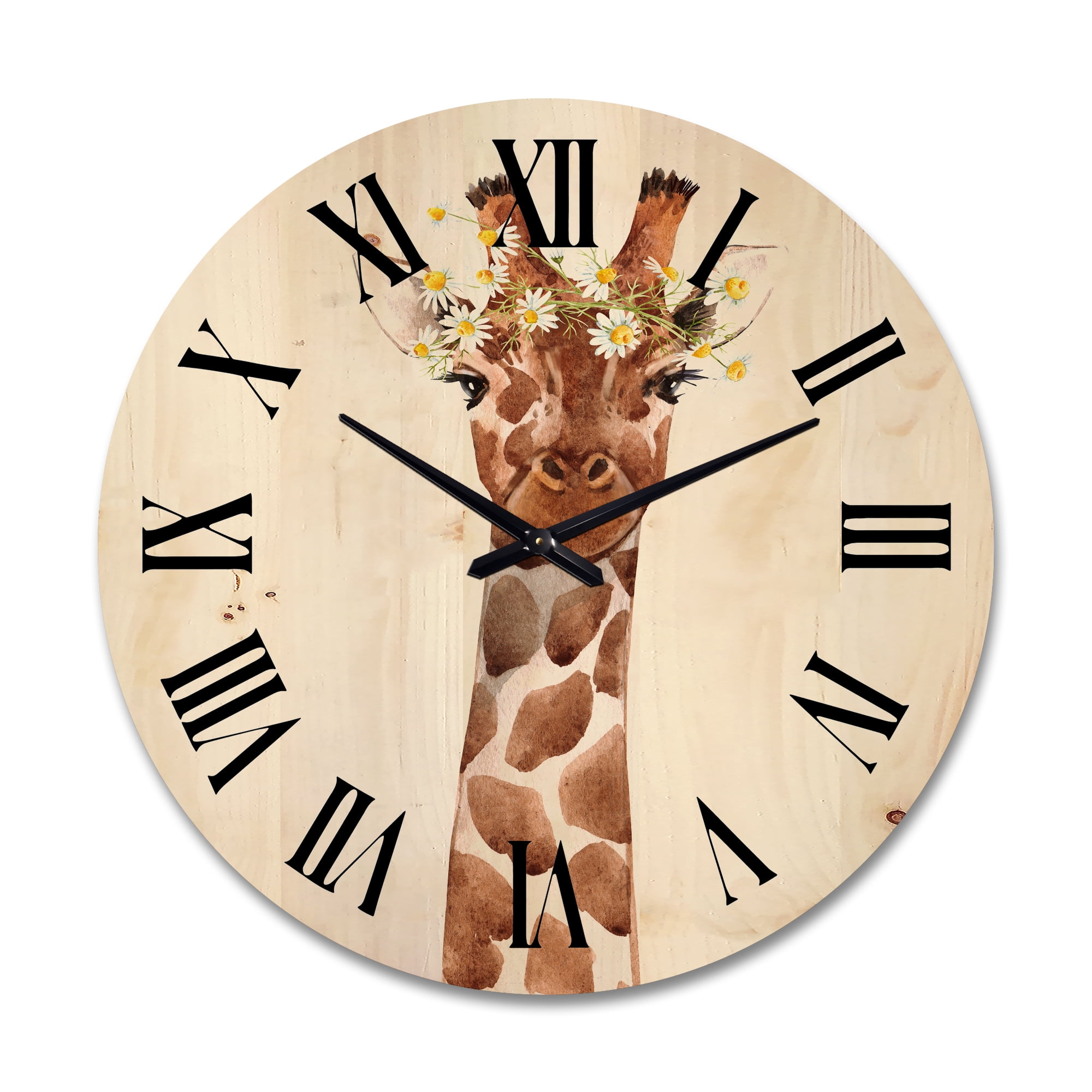 Designart 'Portrait of A Giraffe With White Flowers' Farmhouse Wood Wall Clock