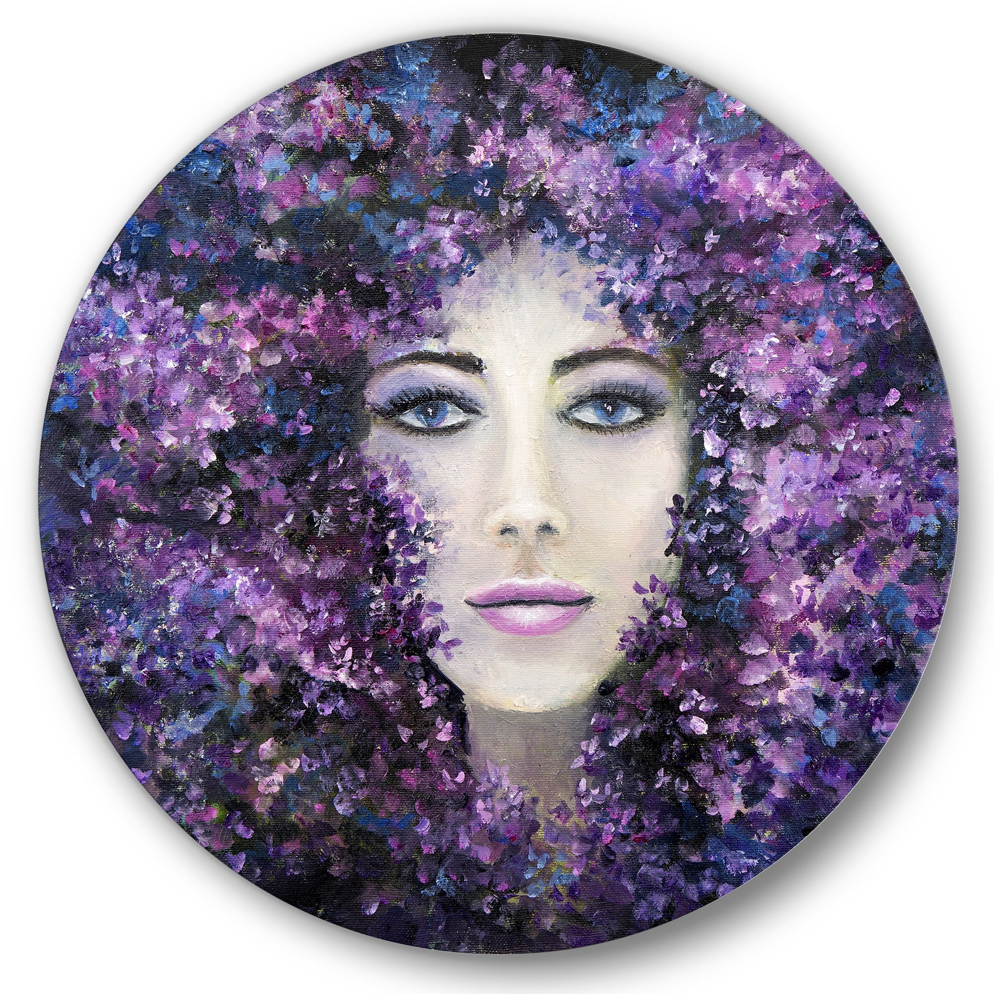 Designart 'Portrait of A Lady With Purple Lavender Flowers' Modern Circle Metal Wall Art 11x11 - Disc of 11