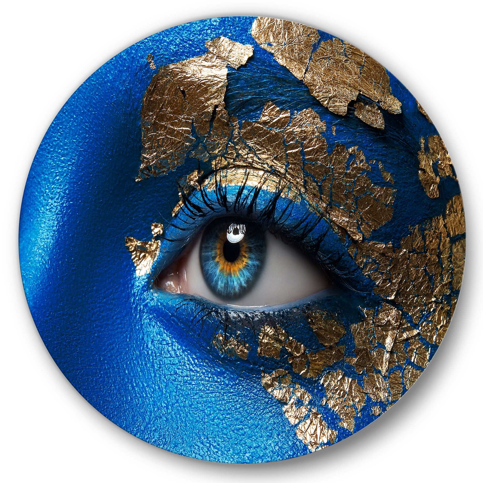 Designart 'Portrait of A Young Woman Model With Blue Make-Up' Modern Circle Metal Wall Art 23x23 - Disc of 23