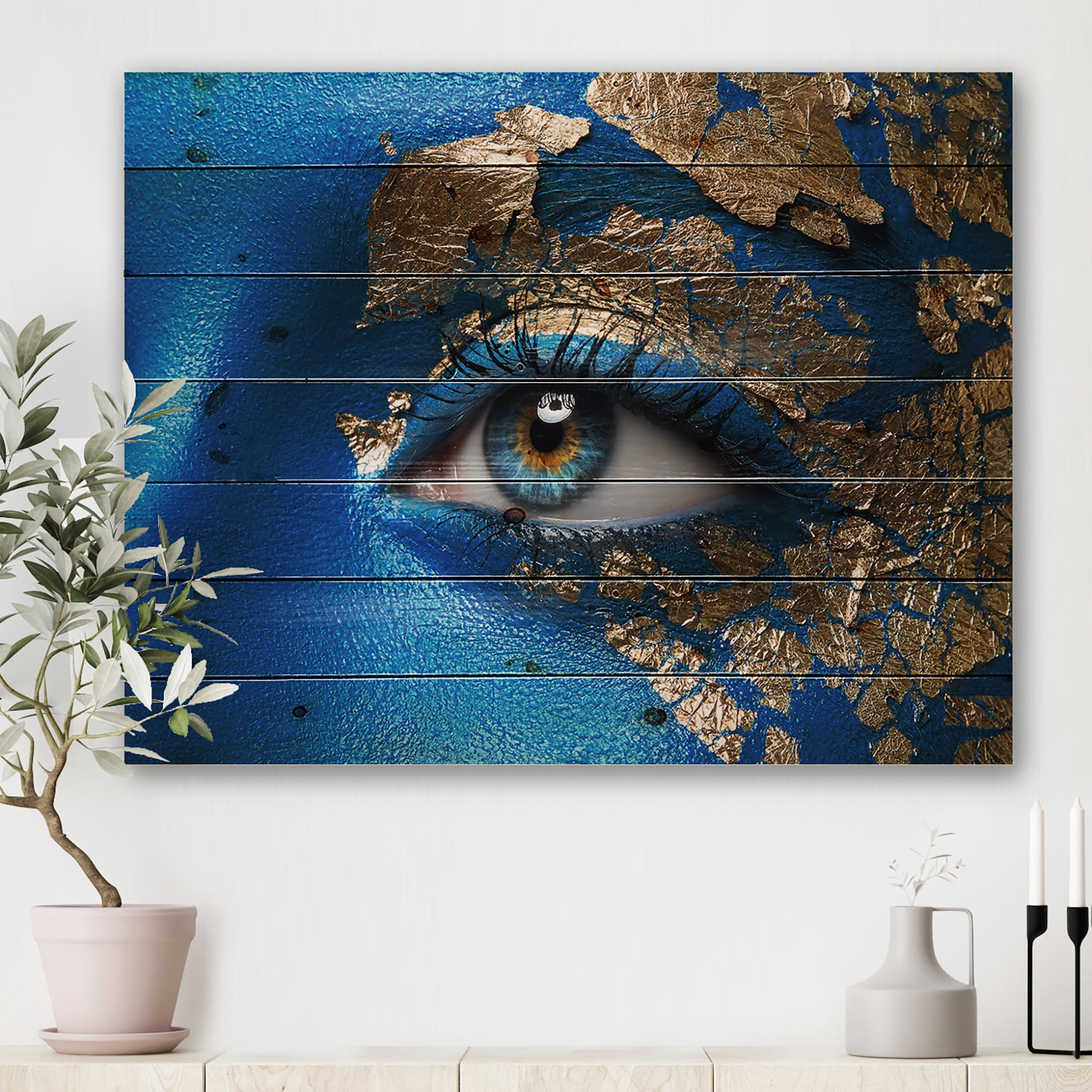 Designart 'Portrait of A Young Woman Model With Blue Make-Up' Modern Print on Natural Pine Wood