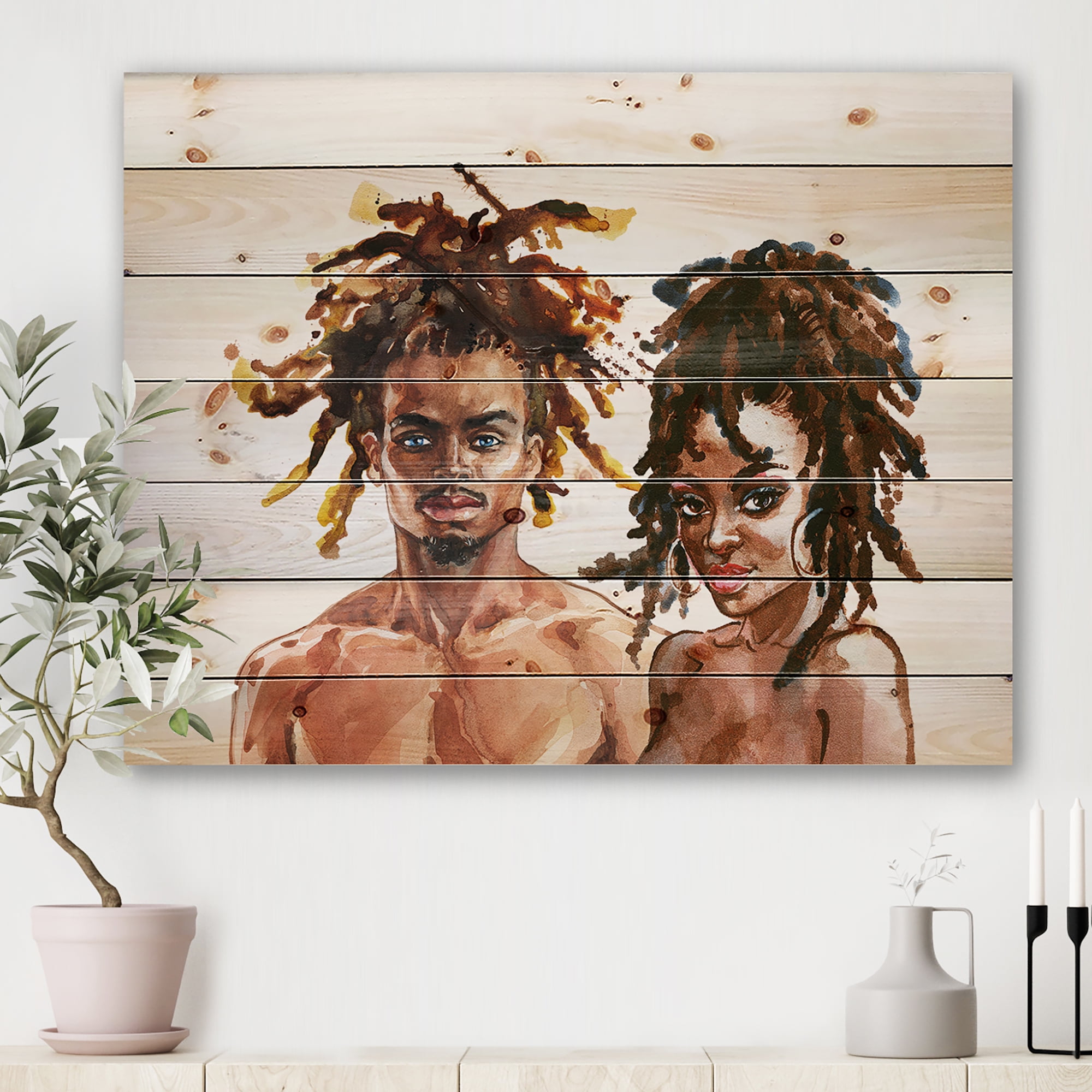 Designart 'Portrait of African American Couple' Modern Print on Natural Pine Wood