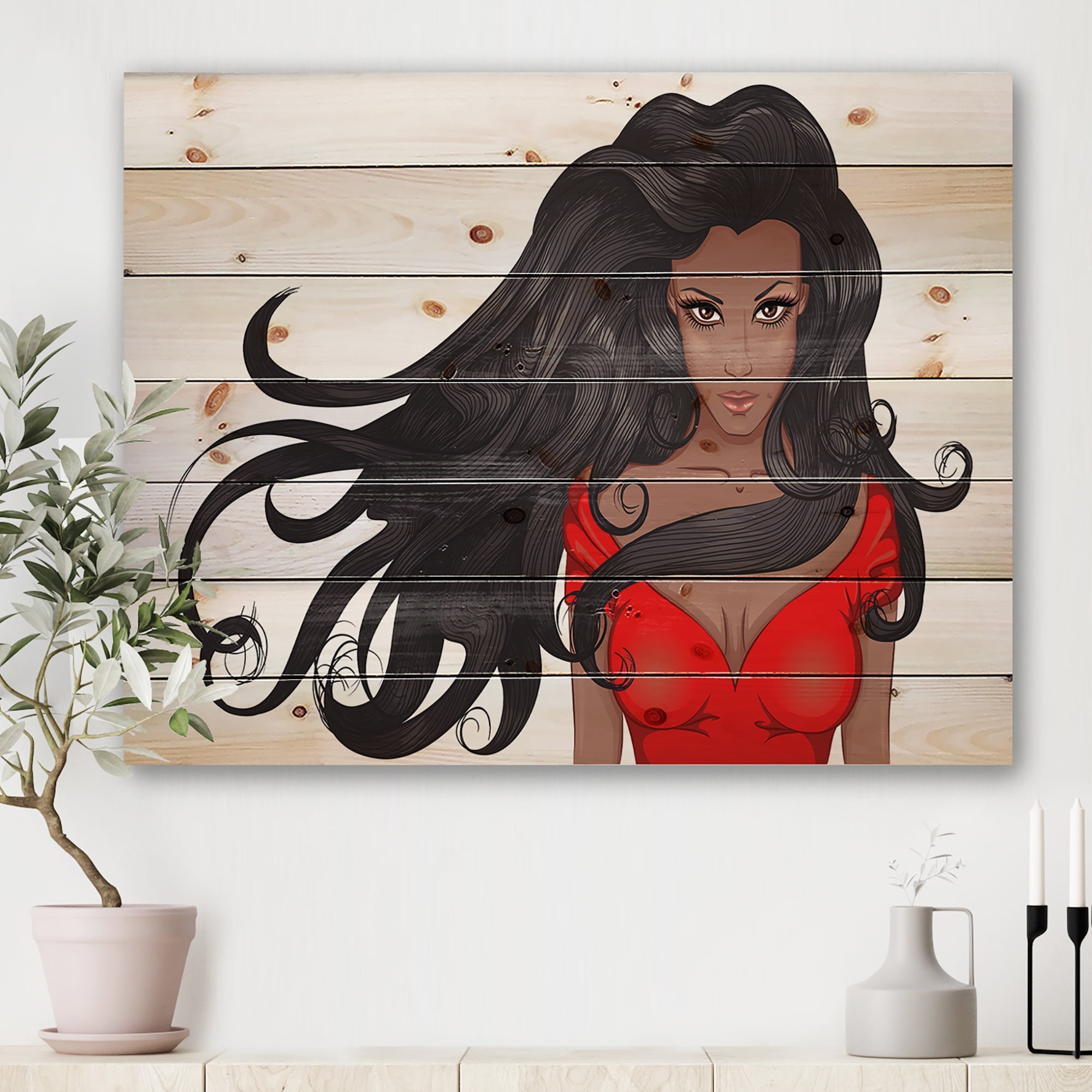 Designart 'Portrait of African American Female XIV' Modern Print on Natural Pine Wood