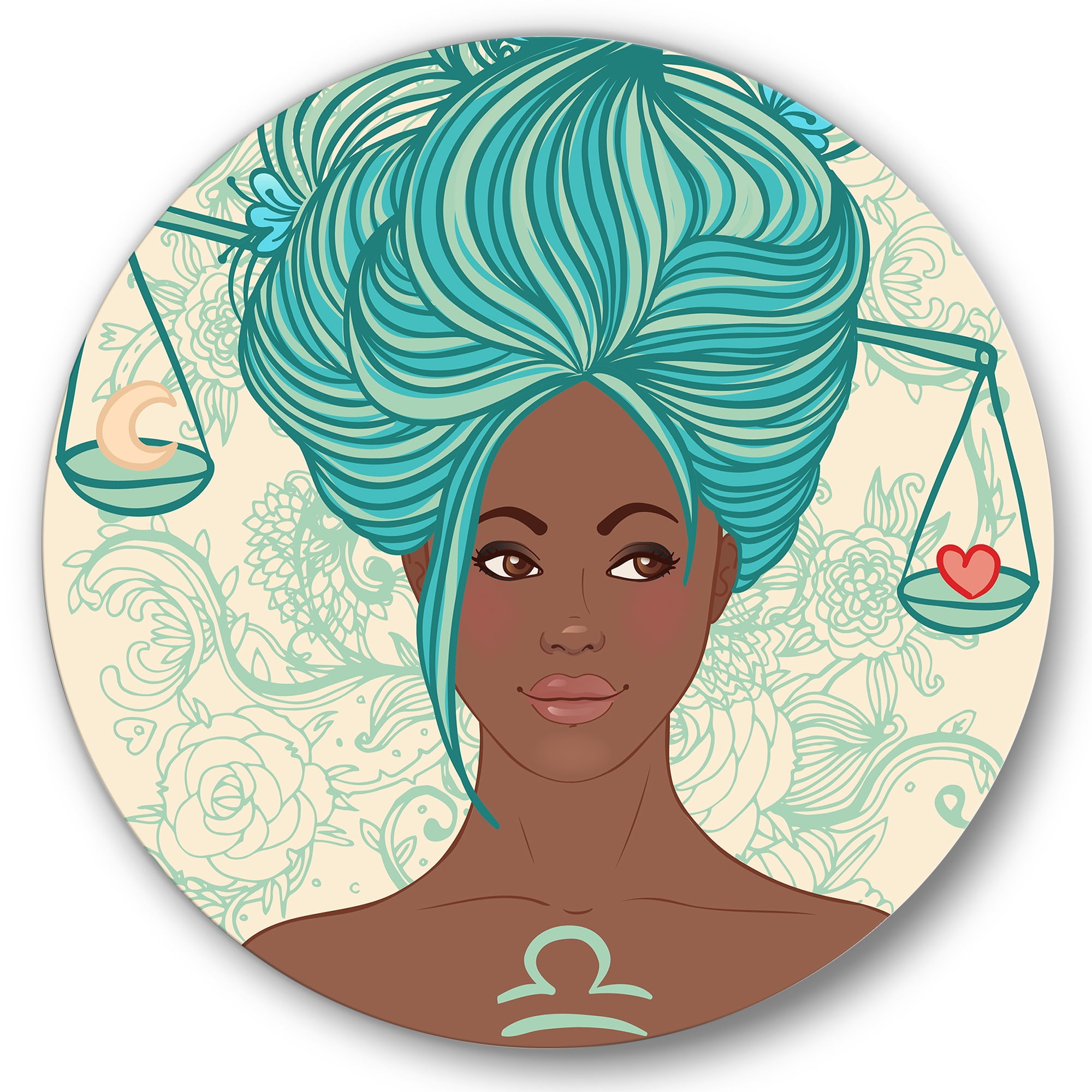 Designart 'Portrait of African American Woman With Blue Hair I' Modern Circle Metal Wall Art 23x23 - Disc of 23