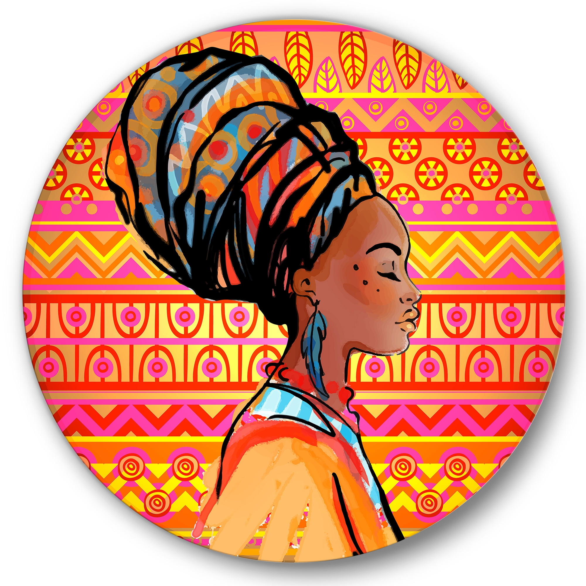 Designart 'Portrait of African American Woman With Turban I' Modern Circle Metal Wall Art 23x23 - Disc of 23