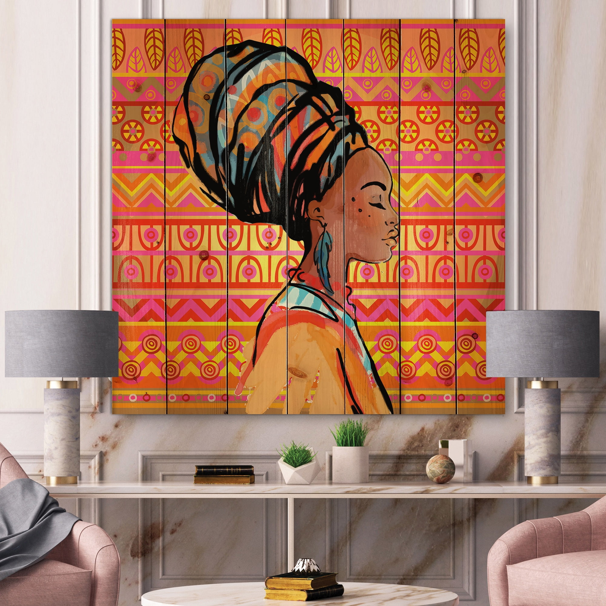 Designart 'Portrait of African American Woman With Turban I' Modern Print on Natural Pine Wood