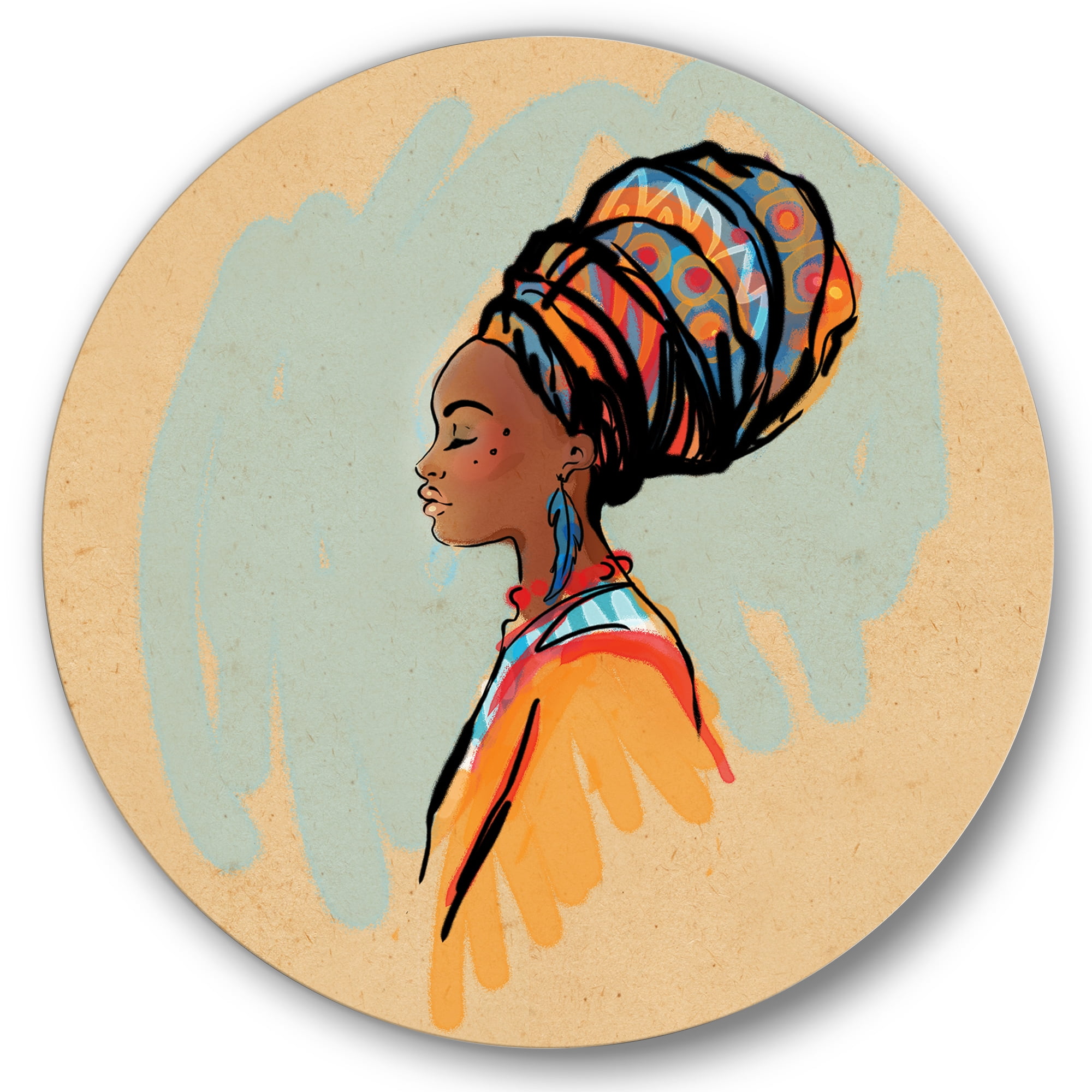 Designart 'Portrait of African American Woman With Turban II' Modern Circle Metal Wall Art 29x29 - Disc of 29