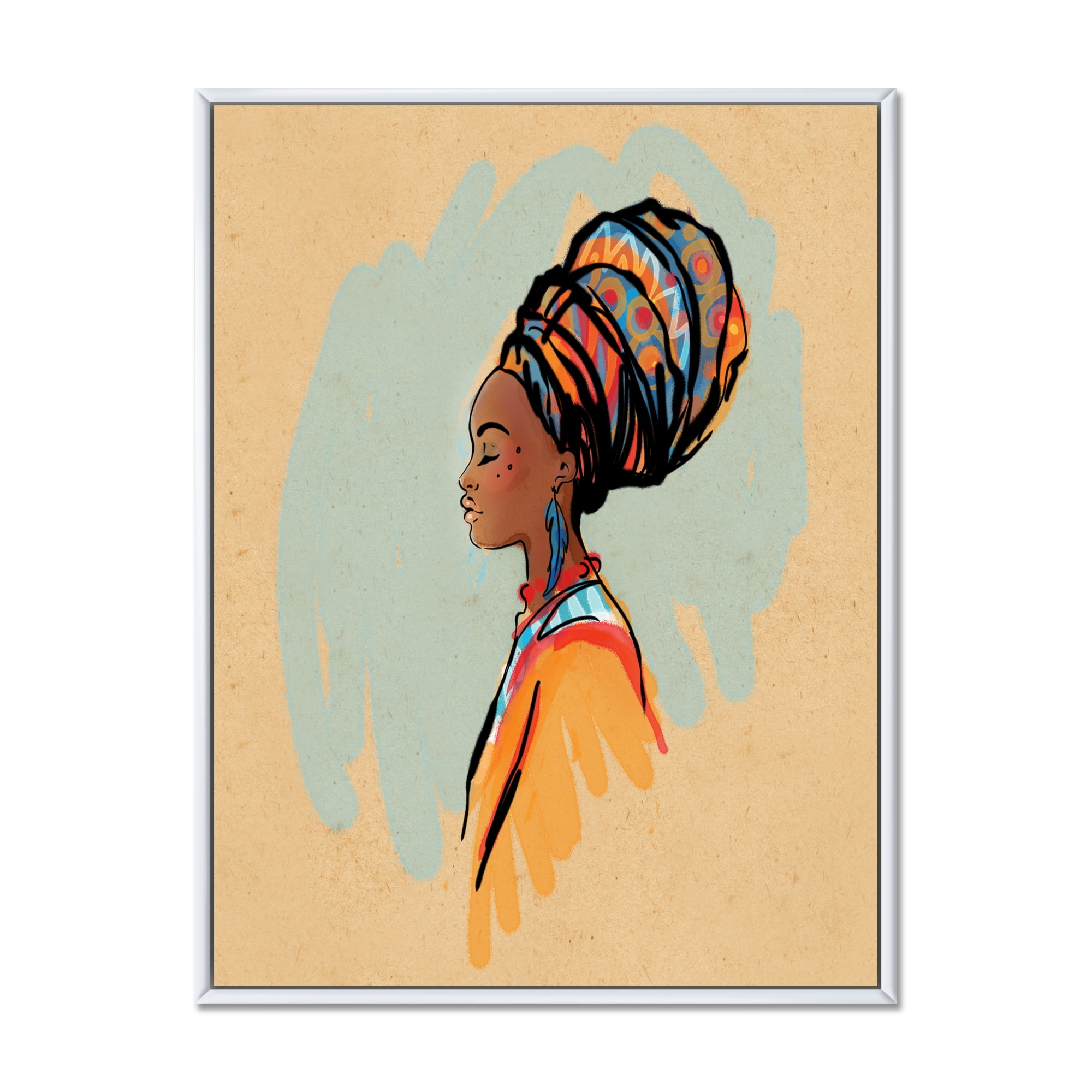 Designart 'Portrait of African American Woman With Turban II' Modern Framed Canvas Wall Art Print