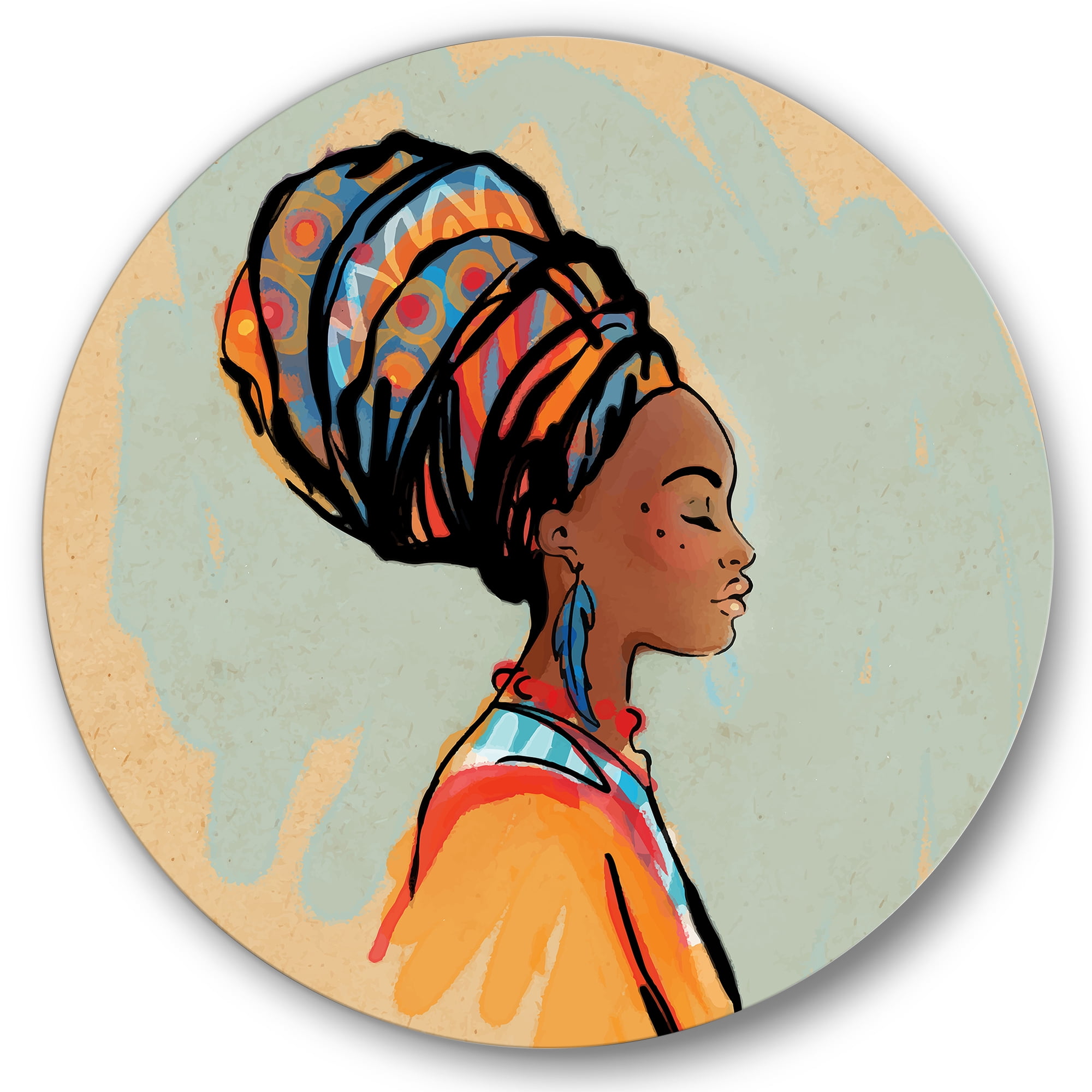 Designart 'Portrait of African American Woman With Turban III' Modern Circle Metal Wall Art 36x36 - Disc of 36