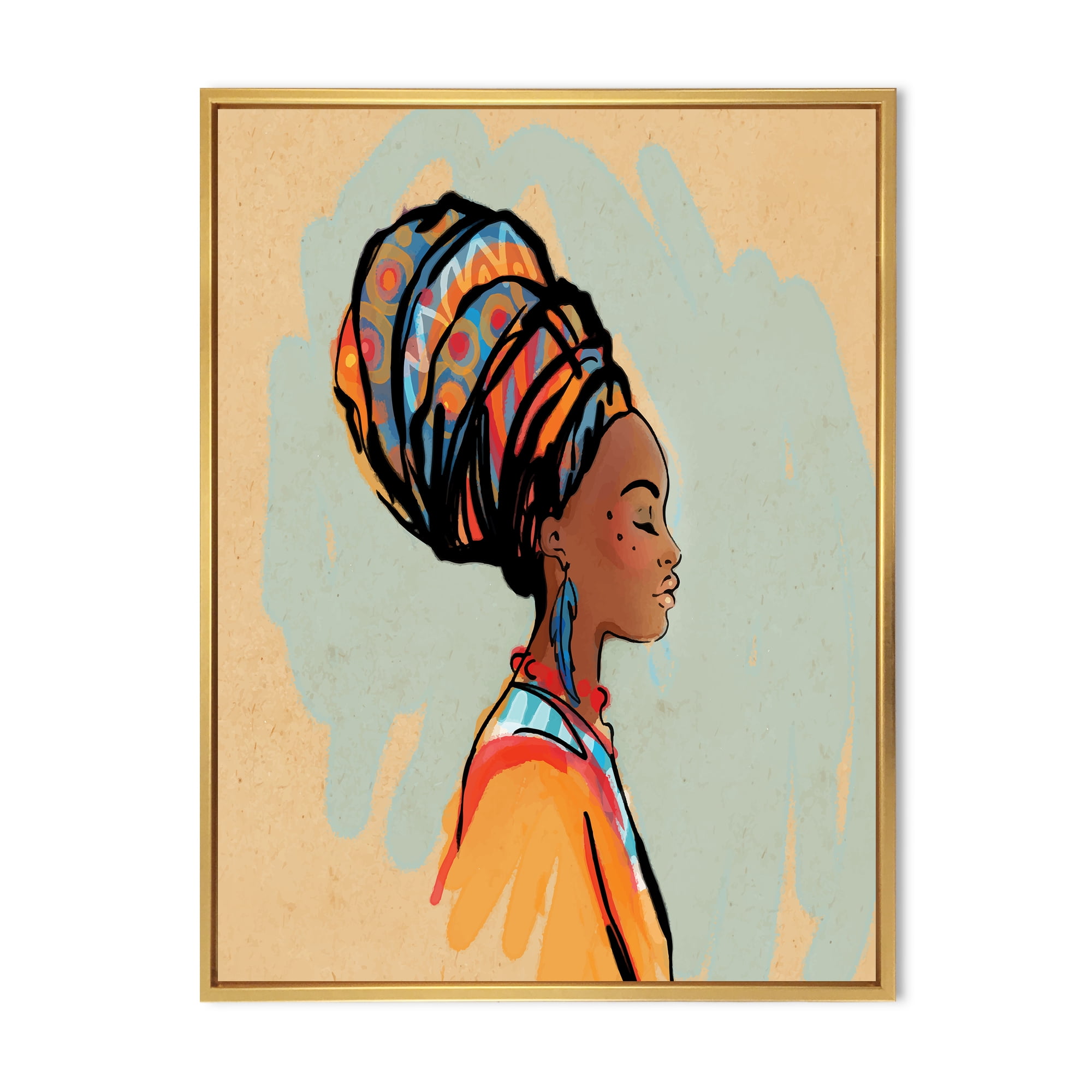 Designart 'Portrait of African American Woman With Turban III' Modern Framed Canvas Wall Art Print