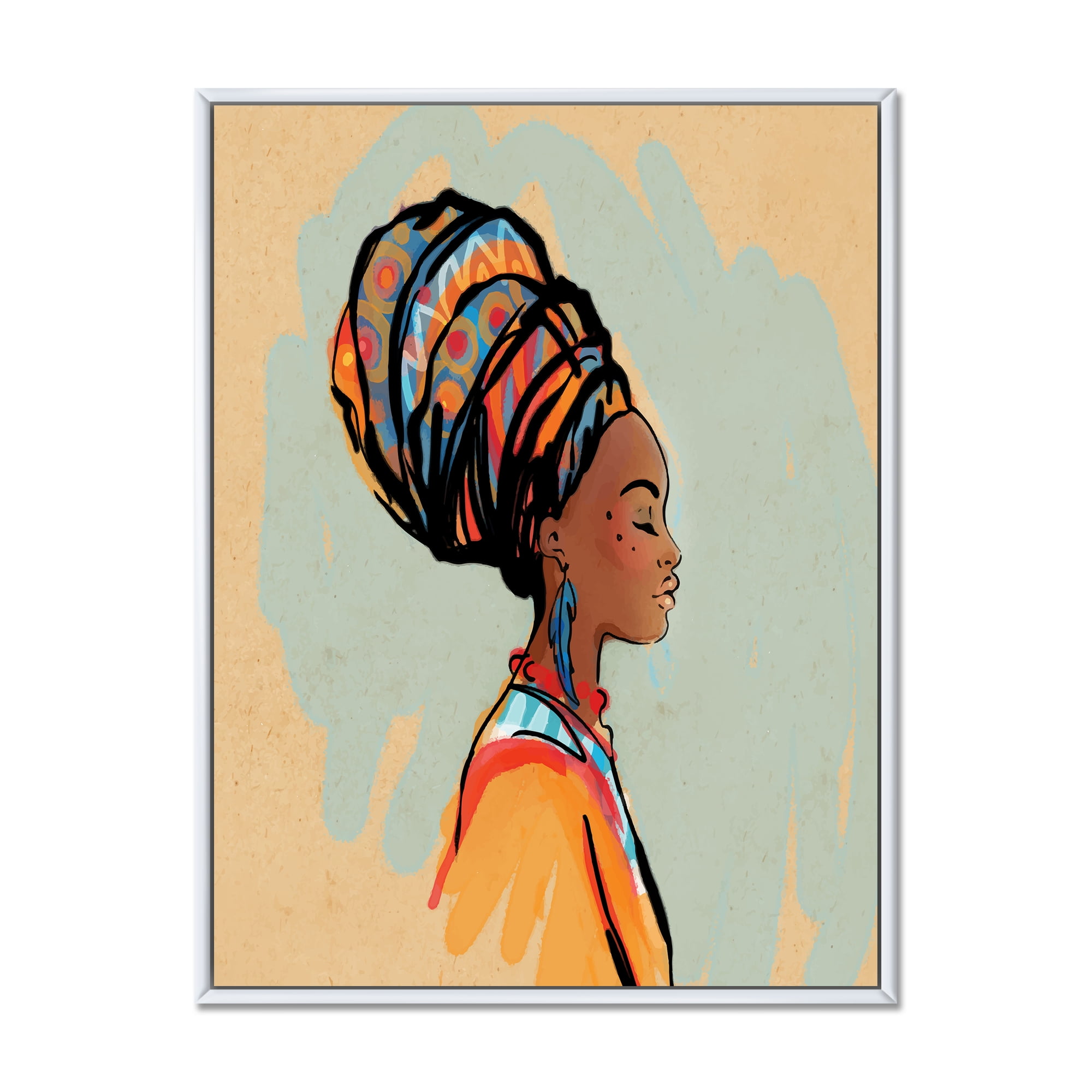 Designart 'Portrait of African American Woman With Turban III' Modern Framed Canvas Wall Art Print