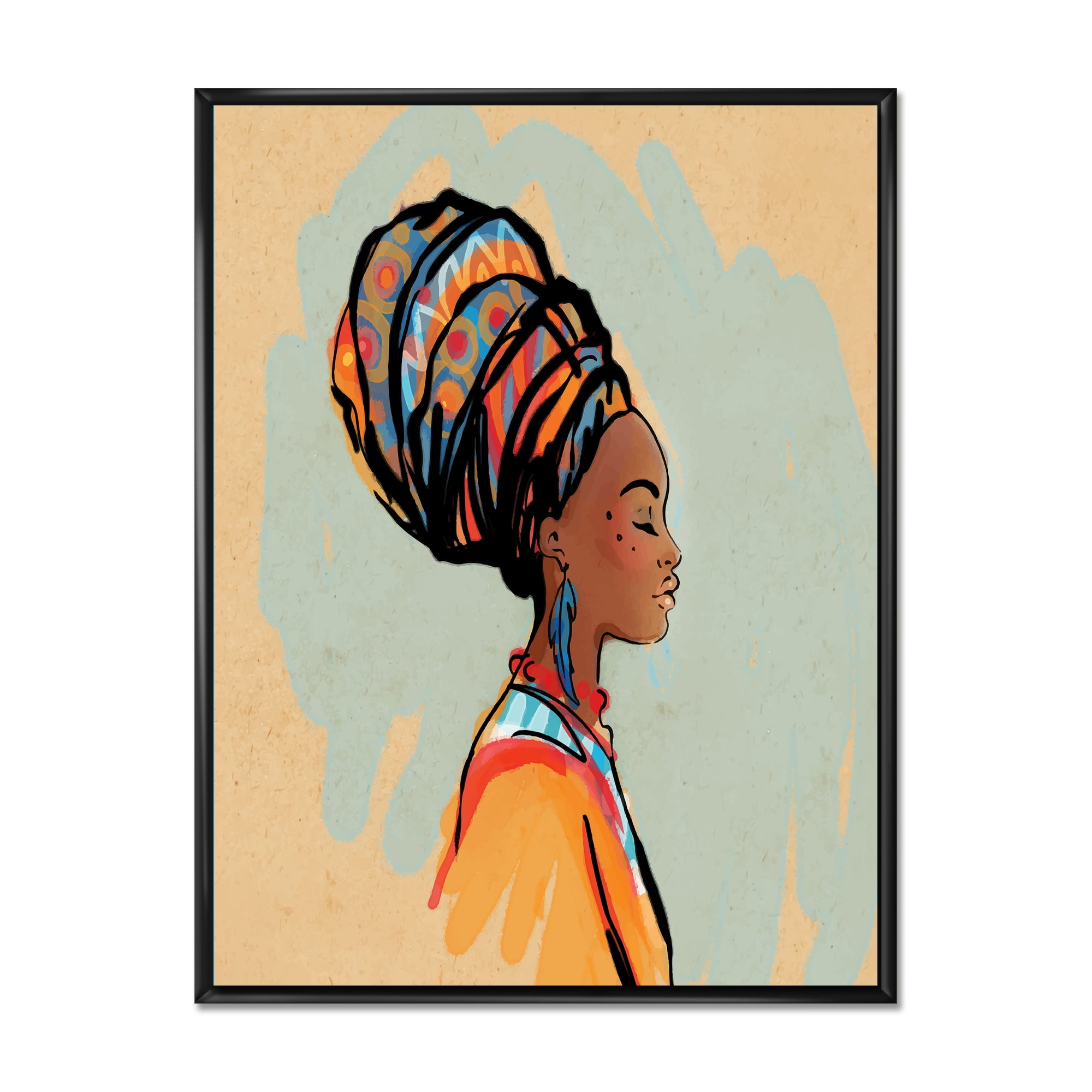 Designart 'Portrait of African American Woman With Turban III' Modern Framed Canvas Wall Art Print