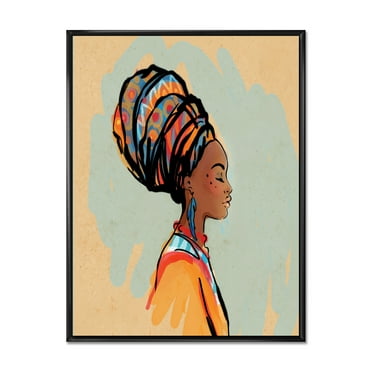 Designart 'Portrait of African American Woman With Turban III' Modern Framed Canvas Wall Art Print