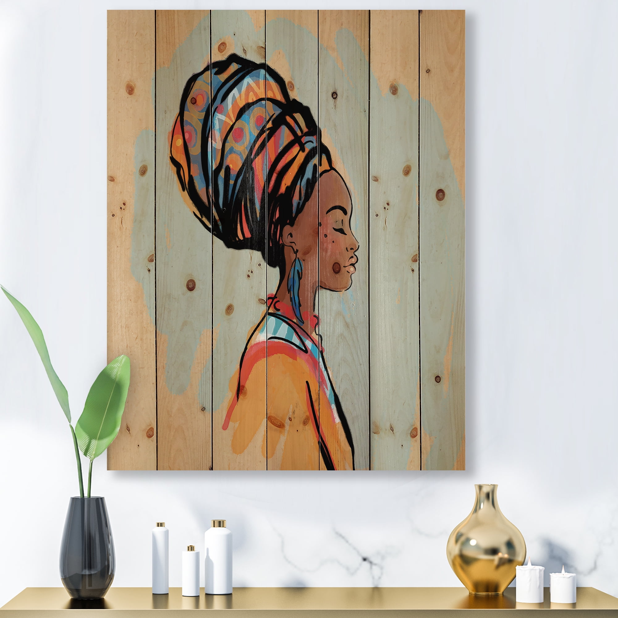Designart 'Portrait of African American Woman With Turban III' Modern Print on Natural Pine Wood