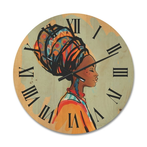 Designart 'Portrait of African American Woman With Turban III' Modern Wood Wall Clock