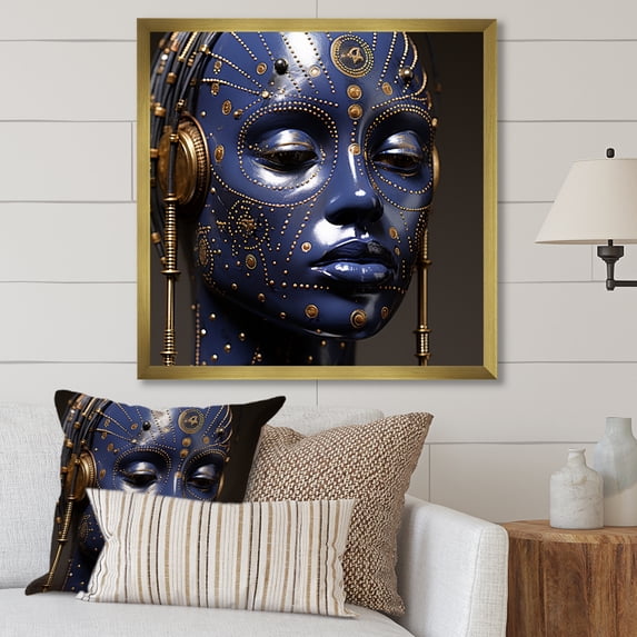 Designart "Portrait of African Yoruba Royalty Woman III" Abstract Framed Wall Art Decor - Glam Blue Street Art Living Room Framed Canvas Art
