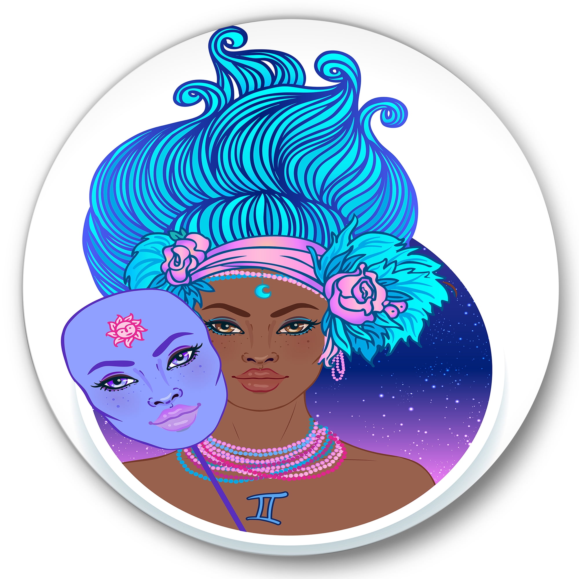 Designart 'Portrait of Afro American Girl With Blue Hair II' Modern Circle Metal Wall Art 23x23 - Disc of 23