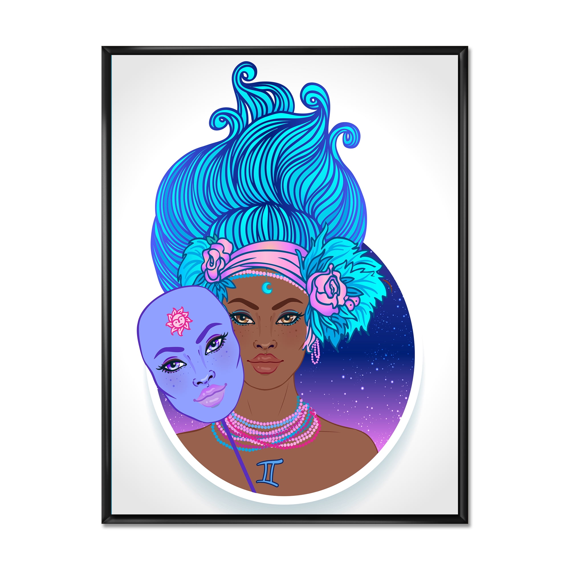 Designart 'Portrait of Afro American Girl With Blue Hair II' Modern Framed Canvas Wall Art Print
