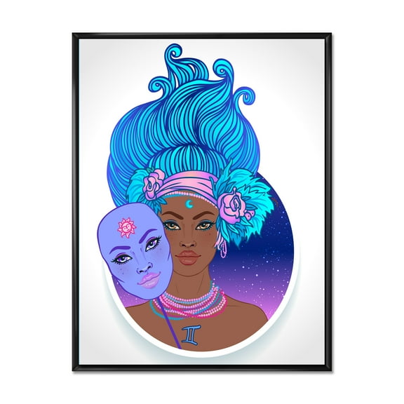 Designart 'Portrait of Afro American Girl With Blue Hair II' Modern Framed Canvas Wall Art Print